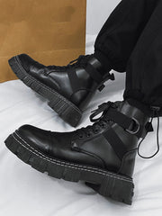 Men Metal Decor Lace-up Front Combat Boots Pu Warm Plush Lining Boots