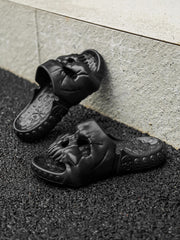 Cool Black Slippers For Men, Skull Design Single Band Slides