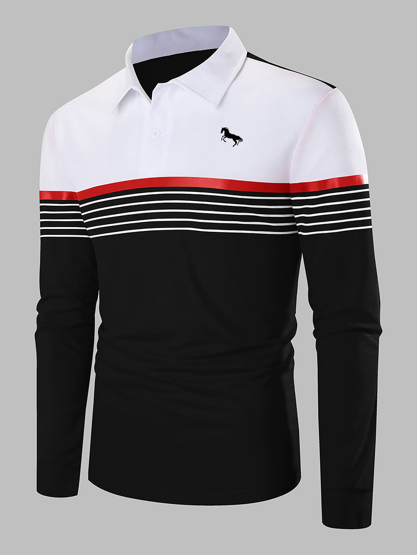 Men Striped & Horse Print Polo Shirt