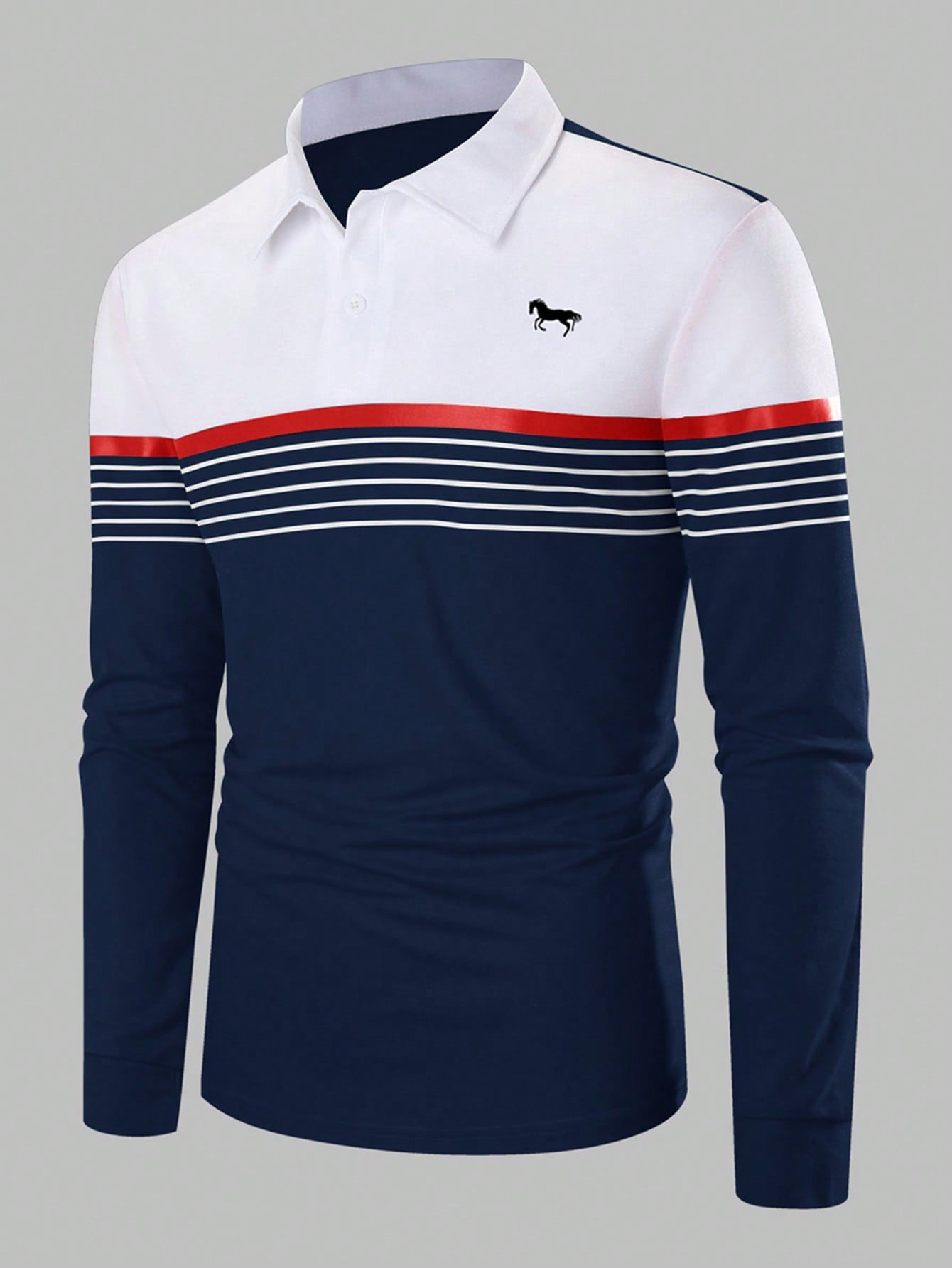 Men Striped & Horse Print Polo Shirt