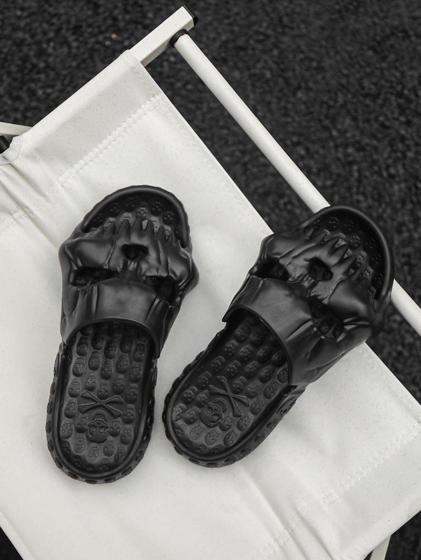 Cool Black Slippers For Men, Skull Design Single Band Slides