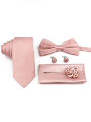 5pcs/set Groomsmen Wedding Tie Set Including Necktie, Bowtie, Pocket Square, Flower Lapel Pin, Cufflinks In Pink Color