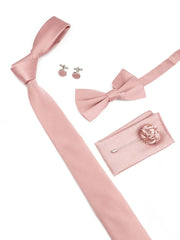 5pcs/set Groomsmen Wedding Tie Set Including Necktie, Bowtie, Pocket Square, Flower Lapel Pin, Cufflinks In Pink Color