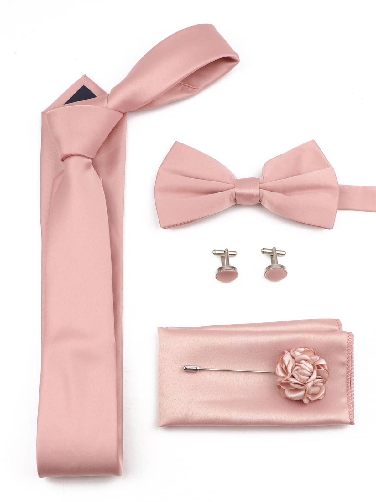 5pcs/set Groomsmen Wedding Tie Set Including Necktie, Bowtie, Pocket Square, Flower Lapel Pin, Cufflinks In Pink Color