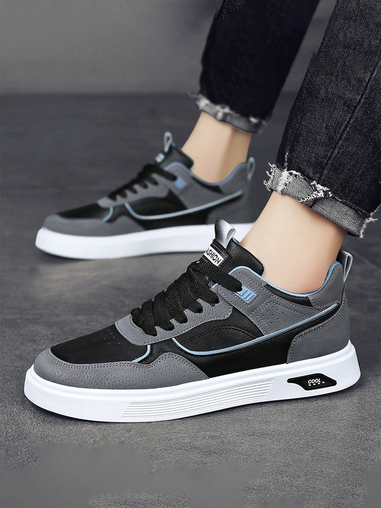 Men's  Breathable Sports Board Shoes Black Leather Tide Shoes